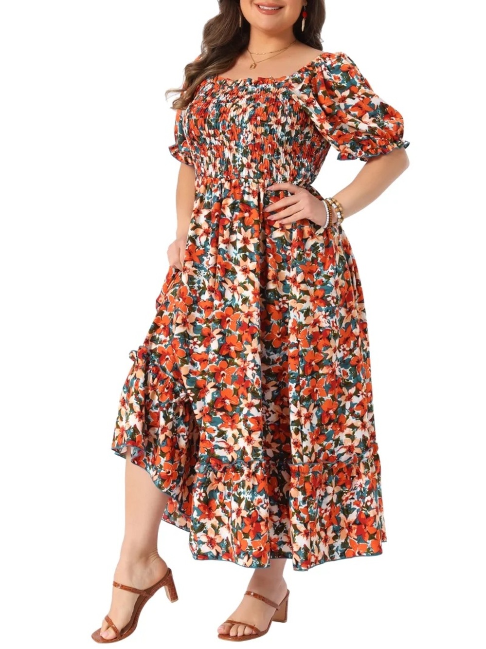 SHEIN Plus Orange Floral Smocked High-Low Midi Dress